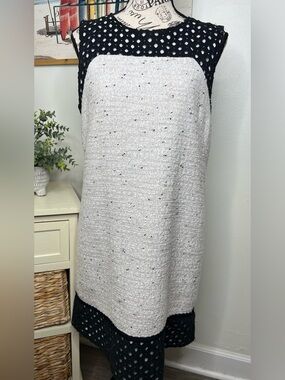 Ann Taylor Tweed Sleeveless Cream & Black Eyelet Trim Shift Dress